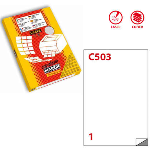 MARKIN - 220LTGC503 - Etichette adesive C503 - permanenti - per stampanti laser - 210 x 297 mm - 1 et-fg - 50 fogli A4 - poliestere - trasparente lucido - Markin
