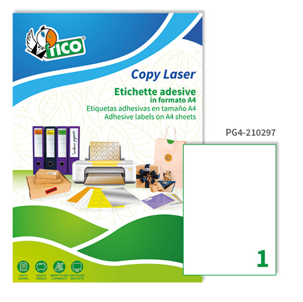 TICO - PG4-210297 - Etichette adesive PG4 - permanenti - 210 x 297 mm - 1 et-fg - 100 fogli A4 - bianco lucido - Tico