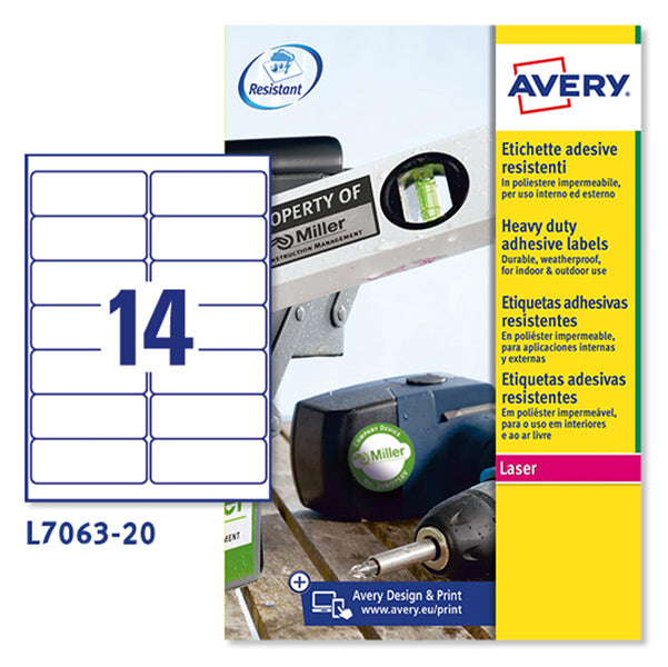 AVERY - L7063-20 - Etichette adesive L7063 - per stampanti laser - 99,1 x 38,1 mm - 14 et-fg - 20 fogli A4 - poliestere - bianco - Avery