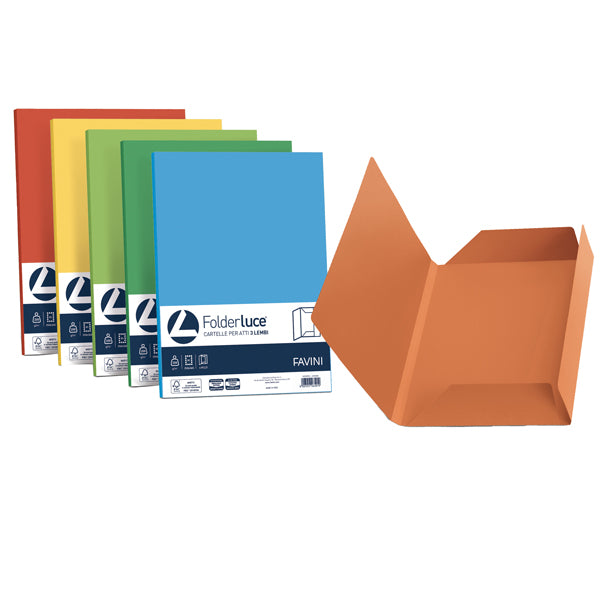FAVINI - A50X434 - Cartelline 3 lembi Luce - 200 gr - 24,5x34,5 cm - mix 5 colori - Favini - conf. 25 pezzi