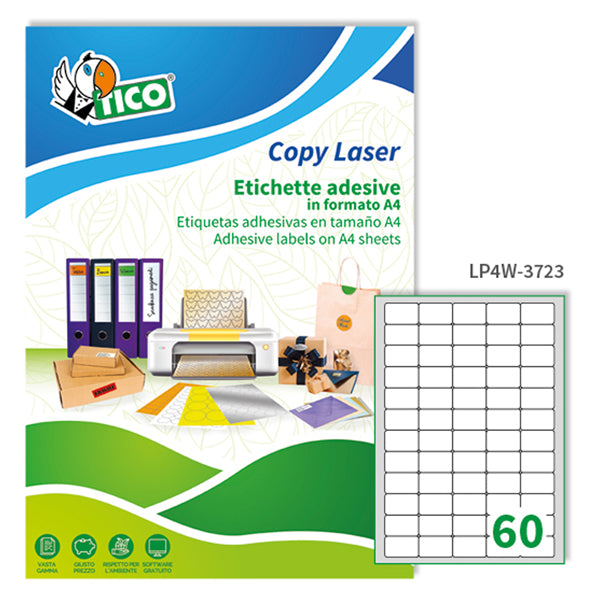 TICO - LP4W-3723 - Etichette adesive LP4W - permanenti - 37,5 x 23,5 mm - 60 et-fg - 100 fogli A4 - bianco - Tico