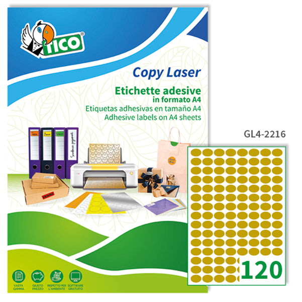 TICO - GL4-2216 - Etichette adesive GL4 - permanenti - ovale - 22 x 16 mm - 120 et-fg - 100 fogli A4 - satinata oro - Tico