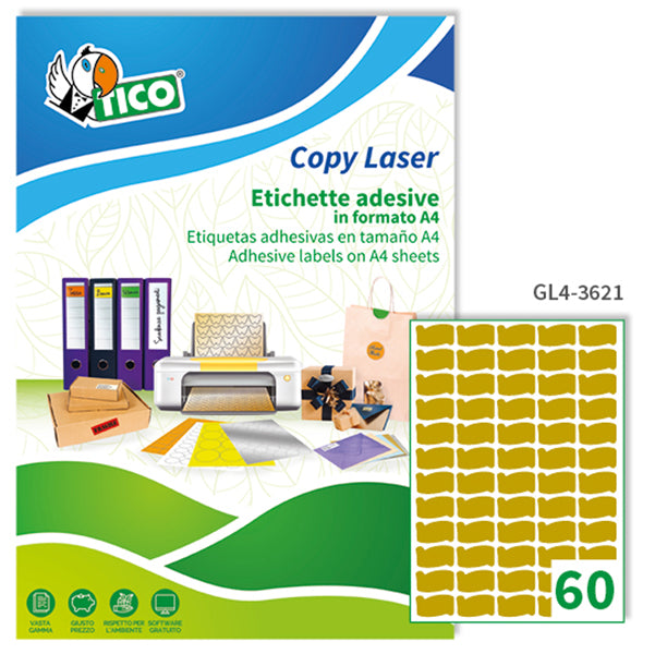 TICO - GL4-3621 - Etichette adesive GL4 - permanenti - sagomata - 36 x 21 mm - 60 et-fg - 100 fogli A4 - satinata oro - Tico