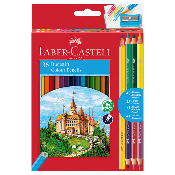 FABER-CASTELL - 110336 - Matita colorata eco Il Castello + 3 bicolor + 1 grafite - colori assortiti - Faber Castell - astuccio 36 pezzi - 65355 -  Conf. da 1 Pz.