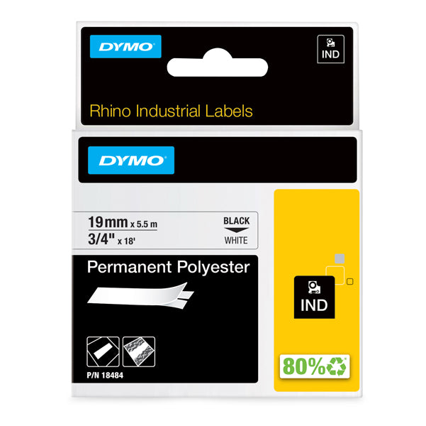 DYMO - 18484 - Nastro Rhino 18484 - 19 mm x 5,5 mt - poliestere permanente - nero-bianco - Dymo