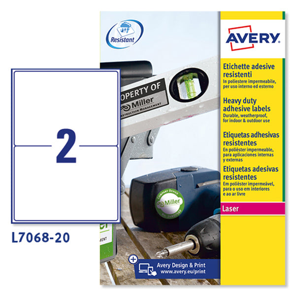 AVERY - L7068-20 - Etichette adesive L7068 - permanenti - per stampanti laser - 199,6 x 143,5 mm - 2 et-fg - 20 fogli A4 - poliestere - bianco - Avery