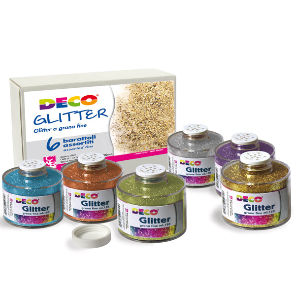 DECO - 05404 - Glitter grana fine - 150 ml - colori assortiti - Deco - set 6 barattoli