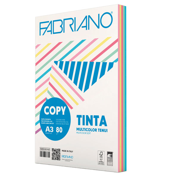 FABRIANO - 62529742 - Carta Copy Tinta Multicolor - A3 - 80 gr - mix 5 colori tenui - Fabriano - conf. 250 fogli