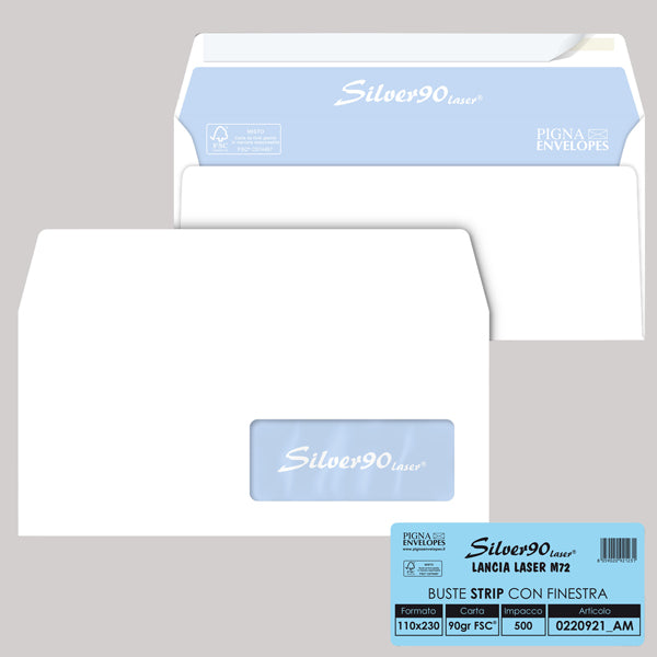 PIGNA - 0220921AM - Busta Silver90 Strip Laser FSC  - con finestra - internografata - 11 x 23 cm - 90 gr - bianco - Pigna - conf. 500 pezzi
