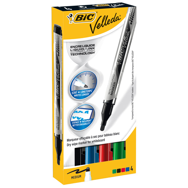 BIC - 902094 - Marcatori Whiteboard Marker Velleda liquid Ink - punta tonda 2,2mm - astuccio 4 colori  - Bic