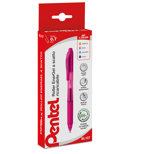 PENTEL - 0100786 - Roller a scatto Energel X BL 107  - punta 0,7mm - astuccio 4 colori assortiti - Pentel
