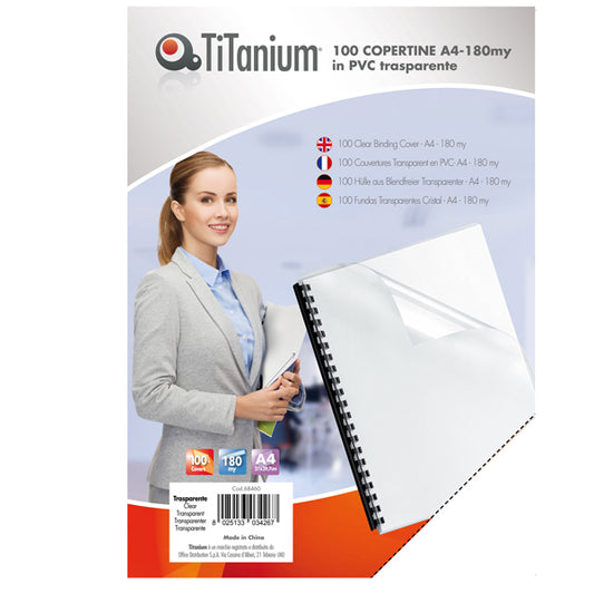 TITANIUM - PB100-06T - Copertine rilegatura - A4 - 180 micron - PVC - neutro trasparente - Titanium - scatola 100 pezzi