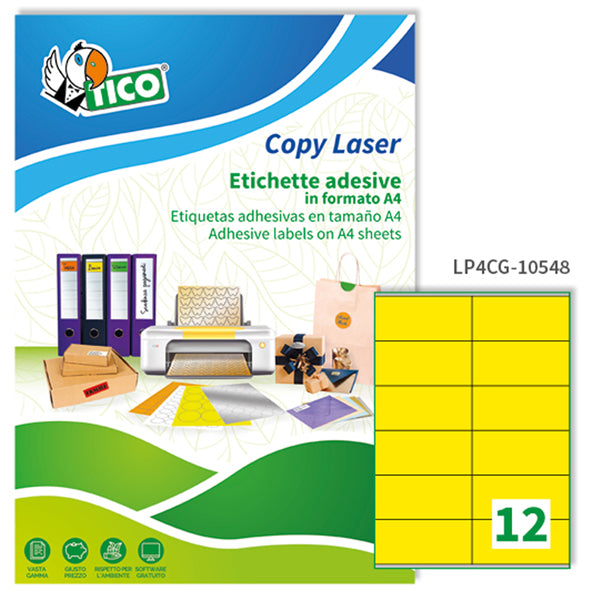 TICO - LP4CG-10548 - Etichette adesive LP4C - permanenti - 105 x 48 mm - 12 et-fg - 70 fogli A4 - giallo opaco - Tico