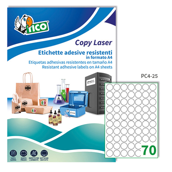 TICO - PC4-25 - Etichette adesive PC4 - permanenti - per stampanti laser - diametro 25 mm - 70 et-fg - 100 fogli A4 - poliestere - trasparente - Tico