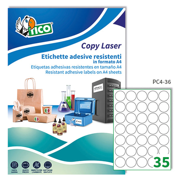 TICO - PC4-36 - Etichette adesive PC4 - permanenti - per stampanti laser - diametro 36 mm - 35 et-fg - 100 fogli A4 - poliestere - trasparente - Tico