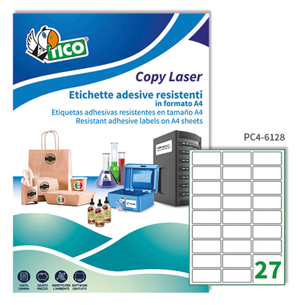TICO - PC4-6128 - Etichette adesive PC4 - permanenti - per stampanti laser - 61 x 286 mm - 27 et-fg - 100 fogli A4 - poliestere - trasparente - Tico