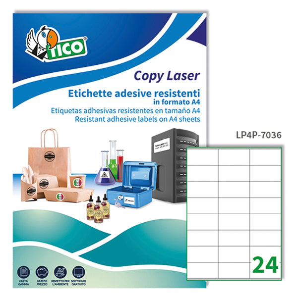 LP4P-7036 - Poliestere adesivo LP4P bianco 70fg A4 70x36mm (24et/fg) laser Tico - TICO 1 Pezzo