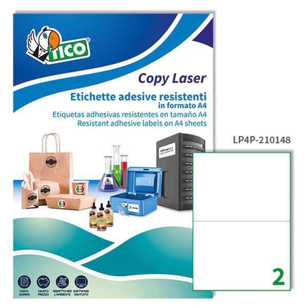 TICO - LP4P-210148 - Etichette adesive LP4P - permanenti - per stampanti laser - 210 x 148 mm - 2 et-fg - 70 fogli A4 - poliestere - bianco - Tico
