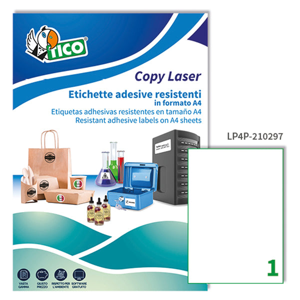 TICO - LP4P-210297 - Etichette adesive LP4P - permanenti - per stampanti laser - 210 x 297 mm - 1 et-fg - 70 fogli A4 - poliestere - bianco - Tico