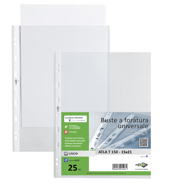 SEI ROTA - 661517 - Buste forate Atla T - pesante - liscio - 15x21 cm - trasparente - Sei Rota - conf. 25 pezzi