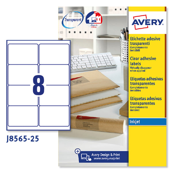 AVERY - J8565-25 - Etichette adesive J8565 - rimovibili - per stampanti inkjet - 99,1 x 67,7 mm - 8 et-fg - 25 fogli A4 - poliestere - trasparente - Avery