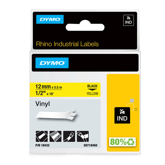 DYMO - 18432 - Nastro Rhino 18432 - 12 mm x 5,5 mt - vinile - nero-giallo - Dymo