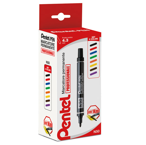 PENTEL - N50-8 - Marcatore permanente N50 - punta tonda - astuccio 8 colori assortiti - Pentel