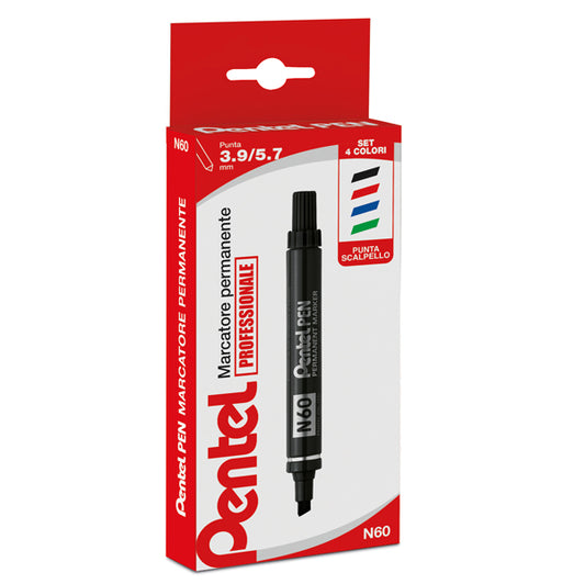 PENTEL - 0050504 - Marcatore permanente N60 - punta scalpello  - astuccio 4 colori assortiti - Pentel