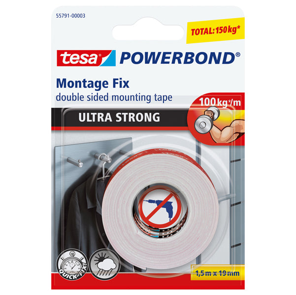 TESA - 55791-00002-04 - Nastro biadesivo Powerbond Ultra Strong - 1,9 cm x 1,5 m - bianco - Tesa