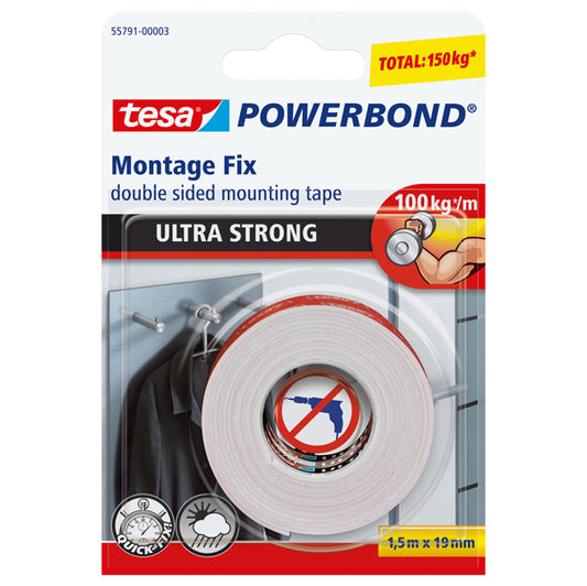 TESA - 55791-00002-04 - Nastro biadesivo Powerbond Ultra Strong - 1,9 cm x 1,5 m - bianco - Tesa