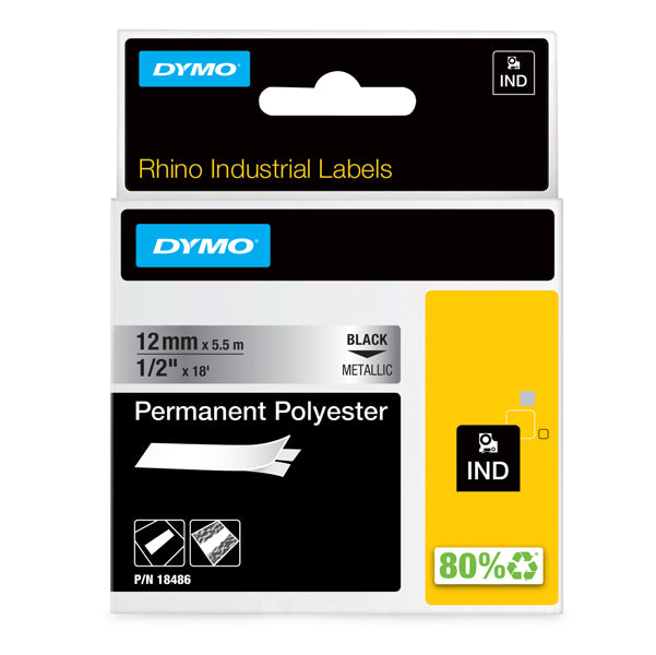 DYMO - 18486 - Nastro Rhino 18486 - 12 mm x 5,5 mt - poliestere - permanente - nero-metallo - Dymo