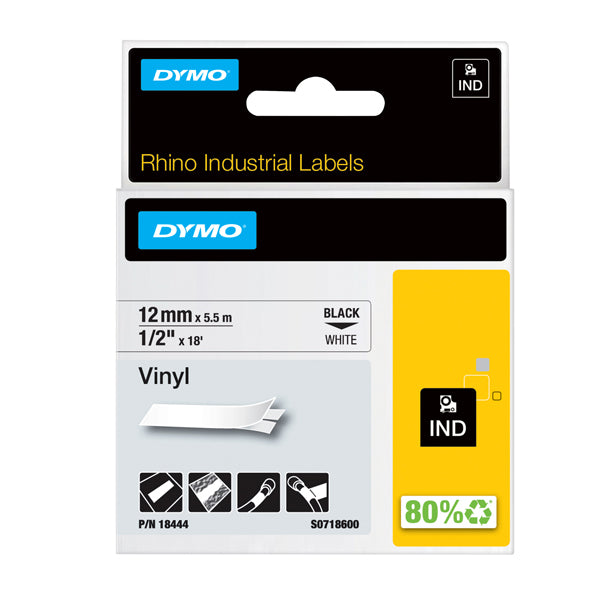 DYMO - 18444 - Nastro Rhino 18444 - 12 mm x 5,5 mt - vinile - nero-bianco - Dymo