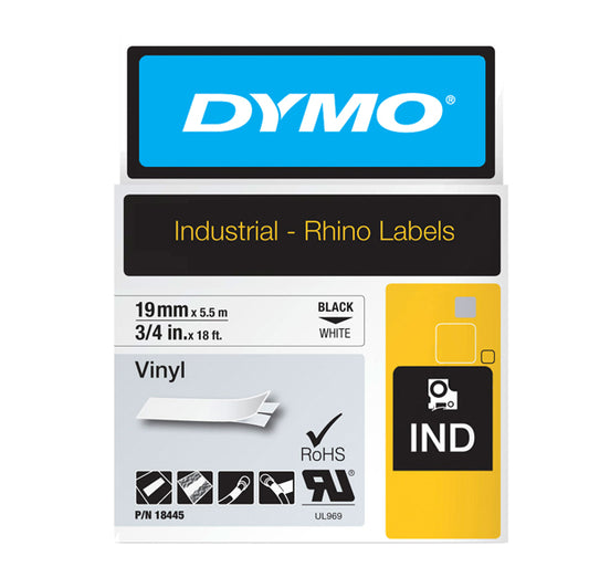 DYMO - 18445 - Nastro Rhino 18445 - 19 mm x 5,5 mt - vinile - nero-bianco - Dymo