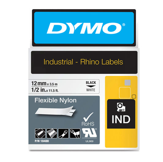 DYMO - 18488 - Nastro Rhino 18488 - 12 mm x 3,5 mt - nylon flessibile - nero-bianco - Dymo