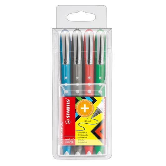 STABILO - 2019-4 - Roller  Worker Colorful con cappuccio - tratto 0,5mm - colori assortiti  - Stabilo - astuccio 4 roller