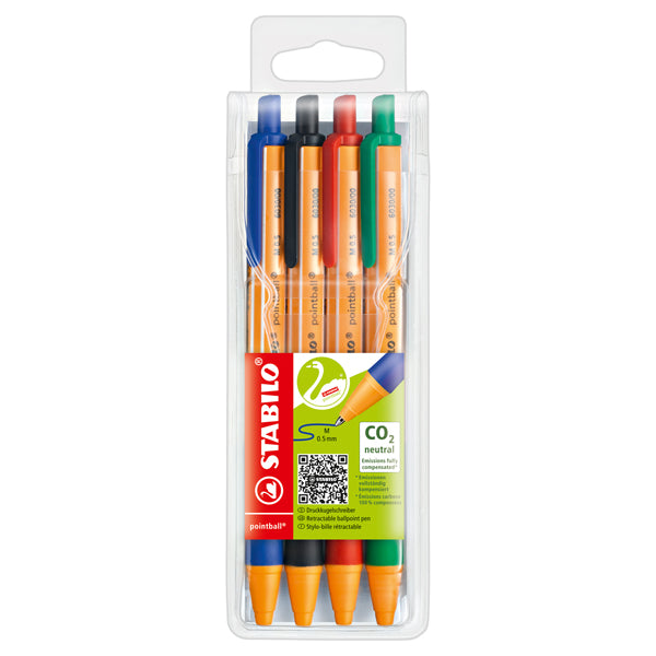 STABILO - 6030-4 - Penna a sfera a scatto Pointball Green - tratto 0,5mm - 4 colori - Stabilo - conf. 4 pezzi