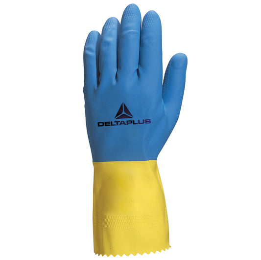 DELTAPLUS - VE330BJ09 - Guanti da lavoro industriale Duocolor 330 - lattice floccato cotone - taglia 09-10 - blu-giallo - Deltaplus