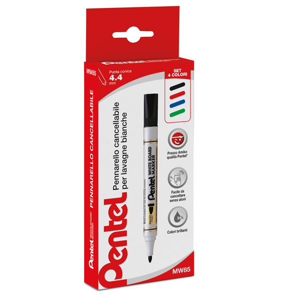 PENTEL - 0100863 - Marcatore per lavagne cancellabili MW85 - astuccio 4 colori assortiti - Amiko Pentel