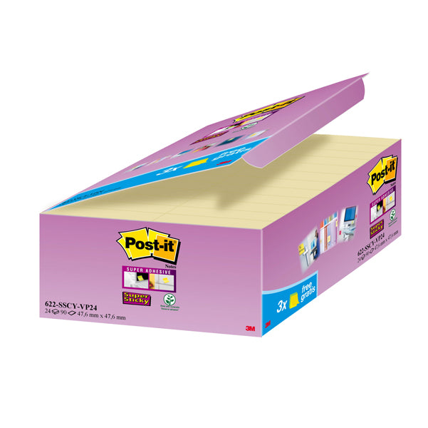 POST-IT - 29825 - Blocco foglietti Post it  Super Sticky - 622-SSCY-VP24-EU - 47,6 x 47,6 mm - giallo Canary - 90 fogli - Post it  - conf. 24 blocchi