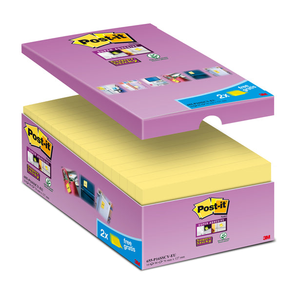 POST-IT - 655-SSCY-VP16-EU - Blocco foglietti Post it  Super Sticky - 655-SSCY-VP16-EU - 76 x 127 mm - giallo Canary - 90 fogli - Post it  - conf. 16 blocchi