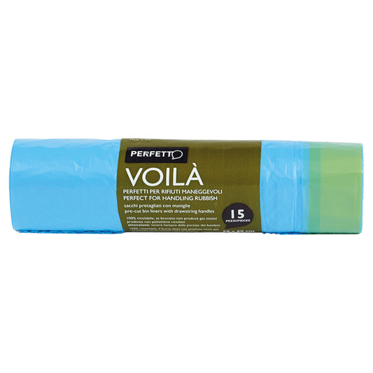 PERFETTO - 0359C - Sacchi per rifiuti con maniglie VoilA' - 50x60 cm - 30 L - 15 micron - azzurro - Perfetto - rotolo da 15 sacchetti