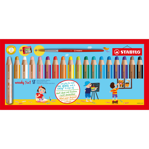 STABILO - 880-18-3 - Pastelli Woody 3 in 1 - mina 10 mm - con temperino - Stabilo - astuccio 18 pezzi
