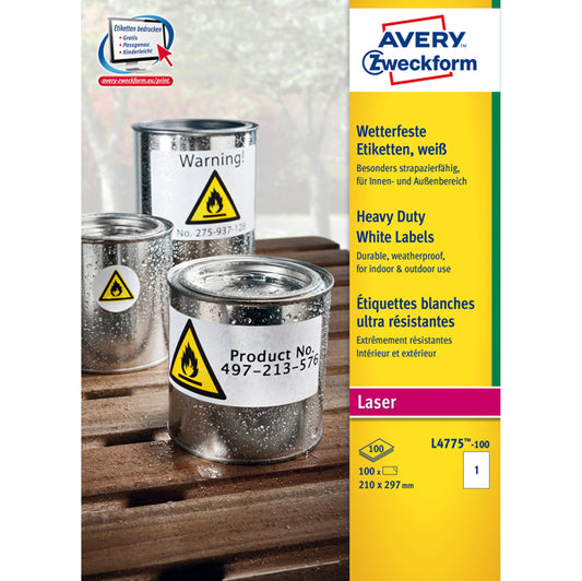 AVERY - L4775-100 - Etichette adesive L4775 - permanenti - per stampanti laser - 210 x 297 mm - 1 et-fg - 100 fogli A4 - poliestere - bianco - Avery