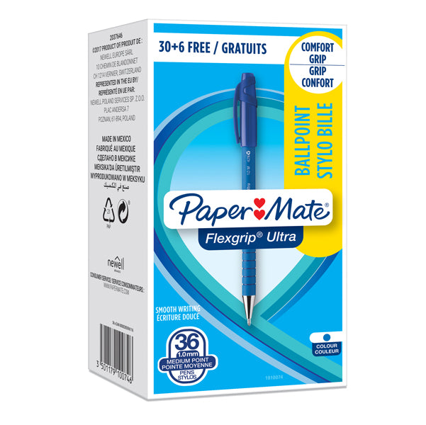 PAPERMATE - 1910074 - Penna a sfera a scatto Flexgrip Ultra  - punta 1,0mm - blu  - Papermate - conf. 30+6 pezzi