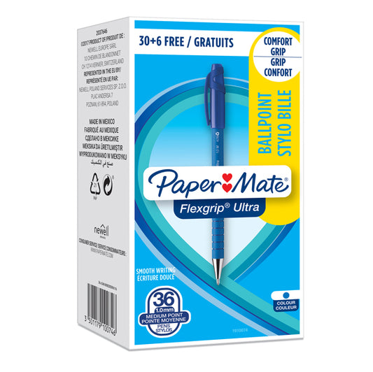 PAPERMATE - 1910074 - Penna a sfera a scatto Flexgrip Ultra  - punta 1,0mm - blu  - Papermate - conf. 30+6 pezzi