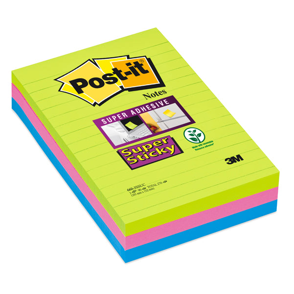 POST-IT - 76034 - Blocco foglietti Post it  Super Sticky rettangolari - 660-3SSUC - a righe - 101 x 152 mm - colori Ultra - 90 fogli - Post it