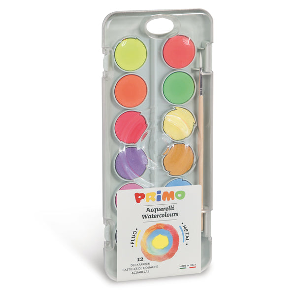 PRIMO - MOROCOLOR - 115A12FM - Pastiglie Acquerelli fluo e metal - Primo - astuccio 12 pezzi