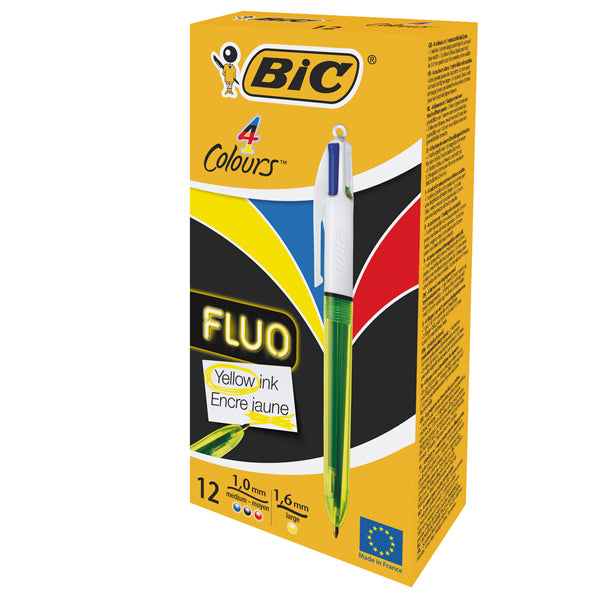 BIC - 982868 - Penna a sfera a scatto multifunzione 4 Colors Fluo  - punta 1,0-1,6mm - 4 colori fluo - fusto giallo fluorescente - Bic - conf. 12 pezzi