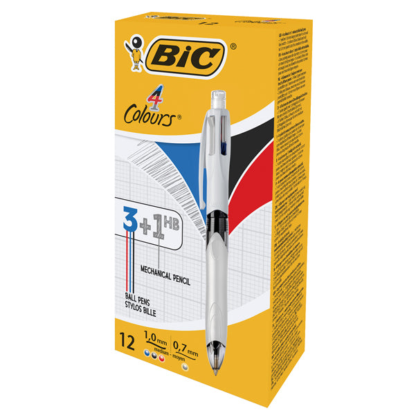 BIC - 942104 - Penna a sfera a scatto multifunzione 4 Colors -  con portamine ricaricabile con mine HB da 0,7mm - nero, blu, rosso - fusto grigio - Bic - conf. 12 pezzi