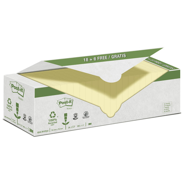 POST-IT - 7100172342 - Blocco Post it  - 654-RYP24 - 76 x 76 mm - carta riciclata - giallo - 100 fogli - Post it  - conf. 24 blocchi